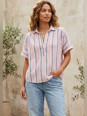 Universal Thread Pink Gray Striped Cotton Split Neck Blouse Top Size M EUC